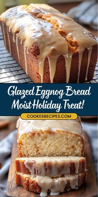 This Glazed Eggnog Bread is the perfect holiday treat! 🍞🎄 Bursting with warm nutmeg, cinnamon, and rich eggnog flavors, this moist loaf is topped with a sweet eggnog glaze for a festive finish. Perfect for holiday breakfasts, gifts, or snacking by the fire! 🥛 #EggnogBread #HolidayBaking #ChristmasTreats #FestiveRecipes #QuickBreads