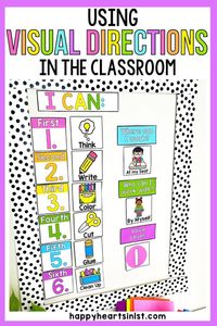 Visual Direction Picture Cards are an amazing classroom management strategy for helping students follow step-by-step instructions! Visual reminders using pictures help your students to be more independent and stay on task! A Digital Visual Direction board allows you to quickly create and display custom boards on your smart board or screen. I included printable picture cards to cut out cards for a white board or bulletin board! Perfect for kindergarten first grade and second grade teachers!