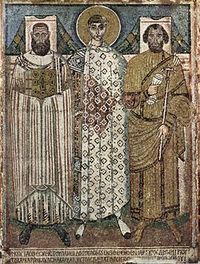 Mosaic from the church of Hagios Demetrios in Thessaloniki, late 7th or early 8th century, showing St. Demetrios with donors.