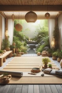 Reconnect with Nature Indoors! Wood accents, lush plants, and the gentle sound of water - this yoga space invites deep breaths and a sense of renewal.  #yogarejuvenation #naturalyogaspace #yogasanctuary #yogainspiration #naturelovers #yogaretreat #natureinspired #yogainspo #wellnessjourney #serenitynow #calminnature #earthlyvibes #yogaliving #naturalbeauty