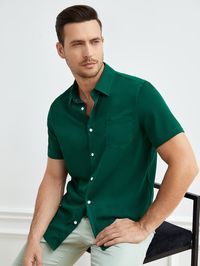 Dark Green Casual Collar Short Sleeve Woven Fabric Plain Shirt Embellished Non-Stretch  Men Clothing