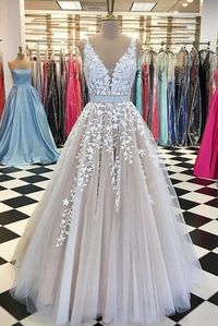 Champagne v neck tulle lace long wedding dress, tulle prom dress