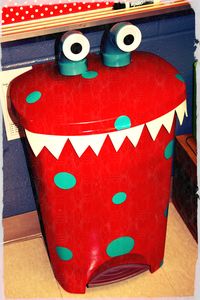 Monster Trash Can with PVC pipe eyes! CUTE! I either want to do a monster theme next year or an "up" theme!!