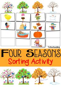 FREE printable sorting activity featuring the Four Seasons. Great for preschoolers to do in the Spring, Summer, Fall, or Winter!