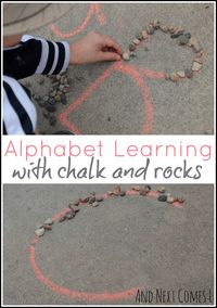 Outdoor alphabet learning for toddlers and preschoolers using chalk and rocks from And Next Comes L