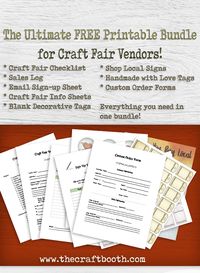 All the free craft fair printables you need in one bundle.  Checklist, sales log, custom order forms, info sheets, tags, signs, email signup form and more.