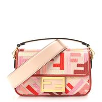 This is an authentic FENDI Canvas Vitello King FF Embroidered Mini Baguette in Rosa Quarzo, Bloody Mary, and Multicolor. This stylish shoulder bag is finely crafted of Fendi FF canvas in pink. The bag features red leather trim, a pink leather top handle, an optional shoulder strap, and vibrant gold-tone hardware. The crossover flap opens with a gold-tone Fendi FF logo clasp to a pink fabric interior with a zipper pocket. 1394678