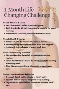 Ready to transform your life in just one month? 🌟 Follow this weekly challenge guide to improve your mindset, health, productivity, and relationships. Simple, actionable steps each week to make lasting changes! Start your journey to a better you today! 💪✨