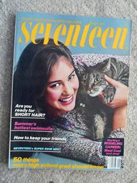 May 1981 cover with thirteen-year-old Cusi Cram & her cat Joey. This was Cusi's first "Seventeen" magazine cover before she played Cassie Callison from 1981-1983 on ABC's 1968-2012 daytime soap opera "One Life To Live"  and became a screenwriter for PBS' long-running children's series "Arthur" based on the children's book written by Marc Brown.