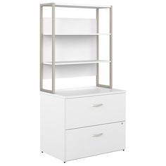 a white bookcase with two drawers and one open drawer on the bottom, against a white background