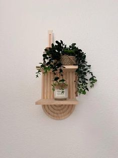 a wooden shelf with a plant on it