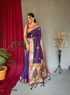 Saundaryam Fashions| Kanchipuram Paithani Silk Traditional Saree in Purple with Weaving work Cost Includes Saree Unstitched Blouse Product Details: Fabric:Kanjeevaram Paithani Silk, Silk Blouse: Pure Kanchipuram Work:Weaving Color Family:Purple Style:South Occasion:Traditional Saree Dimension:530 Cm x 110 Cm ( L x W) Blouse Length:80 Cm Approx Washing Instruction:Dry Wash Catalog Number: 46027 This is made to order product. We customize the pattern of the dress to suit your style and fitting. On Saree Purple, Blouse Colour, Beef Empanadas, Purple Saree, Traditional Saree, Buy Sarees Online, Kanjivaram Sarees, Contrast Blouse, Zari Work