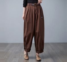 "★★ FEATURES Cotton Pants No lining Elastic waist Front hidden zipper +button closure Two side seam pockets Wide leg pants Perfect for Spring, Autumn and winter Wash only in cold water and do not expose to direct sunlight. ★★ The model's height approx 165 cm (5′ 5″) with the 84 cm (33\") bust, 66 cm (26\") waist. She is wearing in the size XS. ★★ Please select custom order according to the follow situation Your height is not between 155 cm- 172 cm Your weight is over 75 kg ★★ Get your size in Si Baggy High-waist Brown Harem Pants, Baggy High Waist Brown Harem Pants, Baggy Brown High Waist Harem Pants, High Waist Brown Harem Pants For Fall, Brown Baggy High Waist Harem Pants, Brown Baggy High-waist Harem Pants, Fall Brown High Waist Harem Pants, High-waisted Brown Harem Pants For Fall, Brown High-waisted Harem Pants For Fall