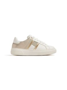 milk white/gold-tone faux leather smooth grain metallic effect panelled design gold-tone hardware round toe front lace-up fastening side zip fastening branded insole logo at the sole platform sole Gold Sneakers With Foil Embossed Logo And Round Toe, Sporty Gold Platform Sneakers With Round Toe, Gold High-top Sneakers With Contrast Sole, White Leather Sneakers With Foil Embossed Logo, Gold Low-top Modern Sneakers, Modern Gold High-top Sneakers, Modern Gold Low-top Sneakers, Gold Modern Low-top Sneakers, Gold Low-top Sneakers With Contrast Sole