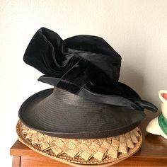 Early 1900s Marchelle Hats Velvet And Silk Bow Hat In Overall Great Preowned Condition For Its Age A Little Thinning Of The Velvet In A Couple Small Areas Very Light Dirt On The Inner Reasonable Offers Welcome Vintage Black Wide Brim Costume Hat, Vintage Black Cloche Hat For Evening, Vintage Black Costume Hat With Curved Brim, Elegant Wide Brim Costume Hat, Vintage Black Cloche Hat With Curved Brim, Black Vintage Cloche Hat With Curved Brim, Vintage Black Top Hat For Church, Vintage Black Hat For Kentucky Derby, Vintage Black Hat For Evening