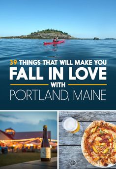 an advertisement for portland maine with pictures of boats and people in the water, including a boat