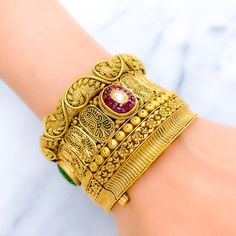 PRODUCT DETAILS Gold Purity(karat): 22k Item Weight(grams): 61.5 Item Finish: Oxidized Stone: Kundan Bangle Size: 2.5 Bangle Opening(diameter): ﻿2.3" Openable: Yes - Screw w/ Hinge Number Of Pieces: 1 Bangle Hand Set 22k Gold Festive Bracelets, 22k Gold Temple Jewelry Bracelets For Festivals, Traditional Oxidized Bangle For Wedding, Traditional Oxidized Wedding Bangle, 22k Gold Meenakari Bangle Bracelet, Oxidized Finish Bangle For Wedding And Festivals, Gold Fusion Bangle For Diwali, Yellow Gold Meenakari Bracelet For Puja, Gold Fusion Style Bangle For Diwali