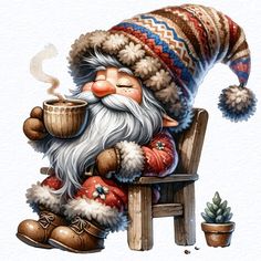 a painting of a santa claus sitting on a chair with a cup of coffee in his hand