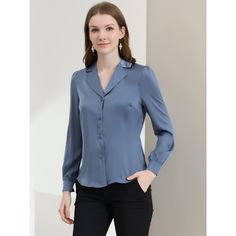 Complete your chic style with this satin button-up shirt. This satin button-up shirt features button cuffs and a notch collar perfectly. Pair it with jeans and work pants for your casual chic look. To create an elegant image with a classic design. Look smart and classic in this shirt finished with solid color fabric. With shiny and smooth fabric, this satin shirt makes you look elegant and romantic. Semi-formal Blouse With Spread Collar, Satin Button-up Shirt With Button Cuffs, Satin Button-up Blouse, Formal Blouse With Lapel Collar And Buttons, Formal Button-up Blouse With Button Closure, Elegant Single-breasted Collared Shirt, Elegant Single Breasted Collared Shirt, Formal Solid Color Blouse With Buttons, Elegant Single-breasted Button-up Top