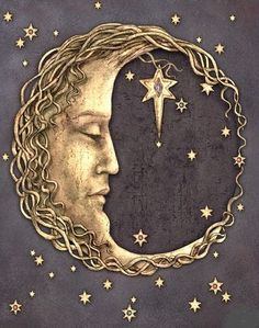 a painting of a woman's face with the moon above her head and stars in the background