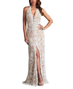 Find TADASHI SHOJI Elanor Gown on Editorialist. Draped in shimmering paillette-embroidery, this gown boasts an alluring keyhole just below the halter v-neckline. Halter Gown, Tadashi Shoji, Top Brands, Alexander Mcqueen, Evening Dresses, Womens Dresses, Luxury Fashion, Dresses