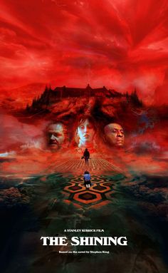 a movie poster for the shining with two people standing in front of a red sky