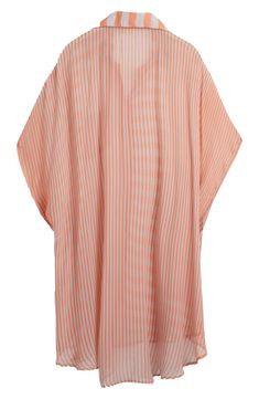 Hit the beach or kick it poolside in this flowy, semisheer shirt that features an oversized fit, slim stripes and an uneven hem. Front button closure Spread collar Elbow-length sleeves 100% viscose Hand wash, line dry Imported Striped V-neck Blouse For Vacation, Striped Tops For Summer Vacation, Summer V-neck Top With Vertical Stripes, Oversized Tops For Beach In Spring, Beach Tops With Vertical Stripes And Relaxed Fit, Spring Beach Cover-up Blouse With Short Sleeves, Spring Beach Cover-up Short Sleeve Blouse, Striped Summer Tops For Beach, Striped Summer Tops For Beach Season