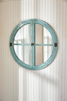 Sea Window Mirror-Lange General Store Round Wooden Mirror, Coastal Mirrors, Rustic Shutters, Decorative Hinges, Wooden Window Frames, Farmhouse Mirrors, Faux Window, Round Window, Rustic Window