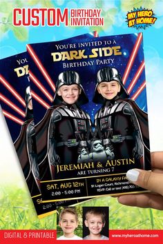 a star wars birthday party flyer with two kids in darth vader costumes