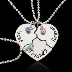 What a fabulous gift idea to give to you and your 2 closest BEST FRIENDS! This fashionable trendy BEST FRIENDS necklace comes in 3 puzzle pieces forming a silver heart puzzle, each with its own rhinestone colors: blue, pink and turquoise Three pieces that form a heart puzzle, to share with your friends, all for only $19.97 + SHIPPING. Free shipping for orders over $75 Domestic orders 3 weeks delivery, International orders 4 week delivery. We use UPS tracking numbers to ensure prompt delivery and Best Friend Letters, Bff Jewelry, Friendship Necklace, Friend Jewelry, Bff Necklaces, Best Friend Jewelry, Best Friend Necklaces, Friendship Jewelry, Friendship Necklaces