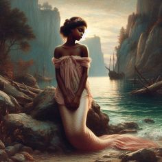 a painting of a mermaid sitting on rocks