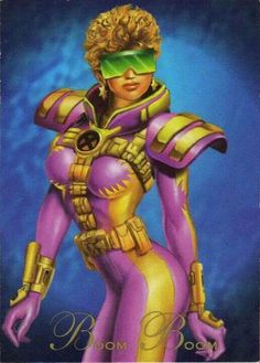 a painting of a woman in purple and gold with goggles on her head,