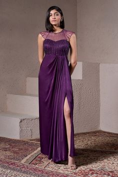 Purple georgette satin padded draped gown with sequins hand embellishments. - Aza Fashions Western Gowns Party Wear Designer, Western Gowns Party Wear, Violet Gown, Gowns Purple, Western Gowns, Draped Gown, Satin Gowns, Satin Hands, Drape Gowns