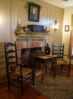 a living room filled with furniture and a fire place next to a painting on the wall