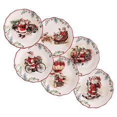 six christmas plates with santa riding a bike and sleigh on them, all decorated in red