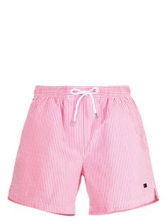 hot pink seersucker texture candy stripe print logo plaque elasticated drawstring waistband rear welt pocket straight hem knee-length Be mindful to try on swimwear over your own garments. Pink Seersucker, Candy Stripes, Drawstring Waistband, Print Logo, Stripe Print, Board Shorts, Try On, Swim Shorts, Welt Pocket