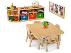 a wooden table and chairs with pictures on the wall behind it, and toys in bins for storage