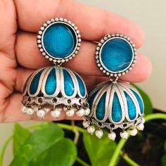 Blue Jhumka/ Blue Meenakari Jhumka/ Oxidized Silver Jhumka Earrings/ Blue Tribal Jhumka/ Designer Earrings/ Indian Ethnic Earrings Description: - Length: 2 Inches - Earring come with Push back Closure - Lightweight Meenakari Jhumka Earrings - Contemporary earrings in silver finish. - Very Elegant and stylish, these earrings can be paired with any traditional Indian or Western Attire depending upon the occasion and the theme. - The base is pure brass which makes this very sturdy and of good quali Cheap Handmade Women's Jhumkas, Blue Temple Jewelry Jhumkas Gift, Festive Fusion Blue Earrings, Blue Temple Jewelry Jhumkas For Diwali, Fusion Blue Earrings For Festivals, Blue Fusion Earrings For Festivals, Blue Tilla Jhumkas For Gift, Blue Tilla Jhumkas For Festivals, Turquoise Meenakari Temple Jewelry Earrings