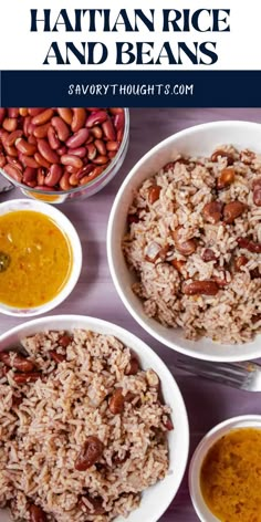 three bowls filled with rice and beans on top of a table