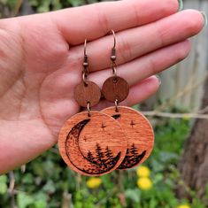 Details: Wood, Antique Copper Hook Earrings Earrings. All Jewelry Components Are Lead And Nickel Free. Size: Length 2 Inches, Drop Length 2.5 Inches. Save For Sensitive Skin. These Beautiful Crescent Moon And Pine Trees Earrings Are Very Lightweight And Super Comfortable To Everyday Wear! Excellent As A Unique Gift For Friends, Sister, Wife, Mother, Daughter, Teacher Or Any Lady In Your Life. The Design Is Double Side, Front And Back. They Are Very Strong In Durable. If You Have Any Question Ple Wood Carved Earrings, Unique Moon Shaped Earrings For Gift, Unique Moon Phase Earrings For Gift, Unique Moon Phase Round Earrings, Woodburning Jewelry, Woodburning Earrings, Woodburn Earrings, Whimsical Moon Charm Earrings Gift, Unique Round Moon Phase Earrings