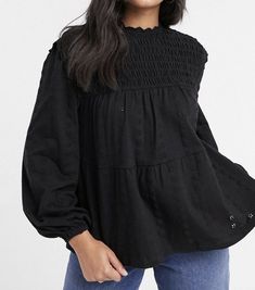 ASOS DESIGN TIERED BLACK SMOCK TOP WITH LONG SLEEVES~ SIZE 8~NWOT #ASOS #Tiered Spring Long Sleeve Smocked Blouse, Spring Smock Long Sleeve Tops, Spring Smock Top With Long Sleeves, Spring Smocked Long Sleeve Tops, Spring Long Sleeve Smock Top, Long Sleeve Smocked Top For Spring, Long Sleeve Smocked Top With Ruffles For Fall, Spring Smock Long Sleeve Blouse, Spring Long Sleeve Smock Blouse