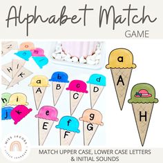 Alphabet Match Game (Ice-cream cone) - Miss Jacobs Little Learners Ice Cream Alphabet, Reading Group Activities, Kindergarten Literacy Centers, Teaching Reading Skills, Literacy Centers Kindergarten, Initial Sounds, Alphabet Matching, Match Game, Alphabet Preschool