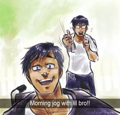 two young men standing next to each other with the words morning jog with brad