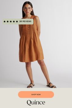 Sleeveless style with a little swing. This spring summer staple can do it all. Featuring pin-tucking up top, shell buttons, and pleat detailing. Our linen collection is made from 100% European flax linen—an eco-friendly, and resource light material.  | Quince | Women's 100% European Linen Sleeveless Swing Dress in Terracotta, Size Small Sleeveless Linen Dress, Linen Collection, European Linens, Shell Buttons, Eco Friendly Fabric, Summer Staples, Earthy Colors, Summer Essentials, Linen Dress