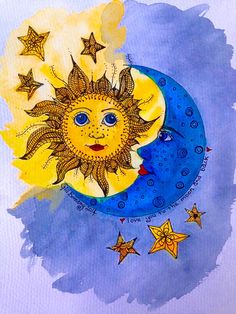 a drawing of a sun and moon with stars on it's face, painted in watercolor