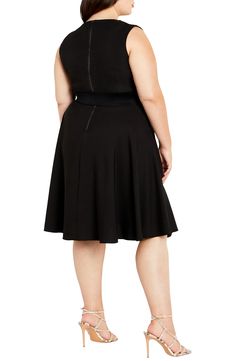 Crisp pleats stream down the bodice of this sleeveless belted dress with a fit-and-flare silhouette. Notched scoop neck Removable belt Lined 95% polyester, 5% elastane Machine wash, dry flat Imported Fitted A-line Belted Dress For Party, A-line Belted Dress For Evening, Pleated Flared Skirt Dress For Night Out, Fitted Belted Dress With Pleated Waist For Formal Occasions, Fitted Knee-length Dress With Belt, Formal Fitted Belted Dress With Pleated Waist, Black Knee-length Dress With Belt, Chic Belted A-line Sleeveless Dress, Fitted Sleeveless Midi Dress With Belt