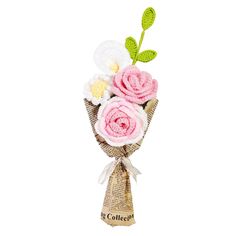 pink and white flowers are wrapped in burlock