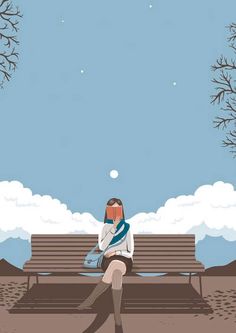 a woman sitting on a park bench with her head in her hands, looking up at the sky