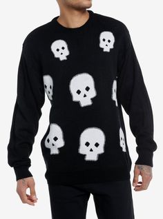 Need a cool sweater to throw on that goes with everything else in your closet? Grab this black sweater with stylized skulls knit into it.100% acrylicWash cold; dry flatImportedListed in men'sunisex sizesModel is 6'1"Model wears size Medium Abby Ncis, Cool Sweater, Skull Sweater, Disney Valentines, Hot Sweater, Tall Hoodies, Plus Size Fits, Socks And Tights, Ncis