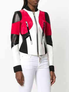 Dsquared2 fitted moto jacket White Motorcycle, Casual Leather Jacket, Jacket Sport, Stand Collar Jackets, Color Block Jacket, Fitted Jacket, Sport Jacket, Futuristic Fashion, Collar Jacket